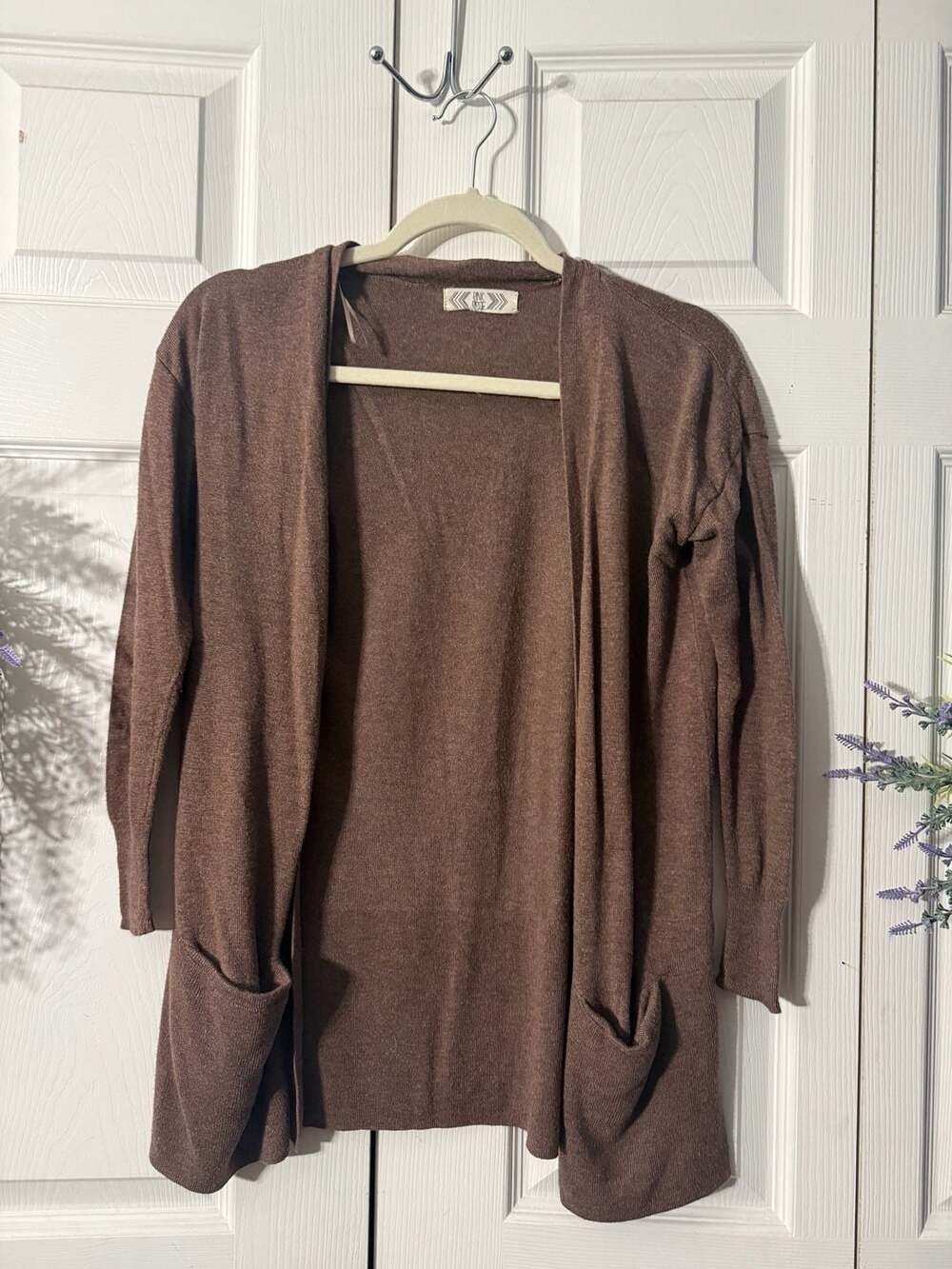 Pink Rose Brown Open Front Cardigan with Pockets